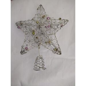 Silver Metal Wire Star Christmas Tree Topper Jingle Bells Glitter Holiday Decor